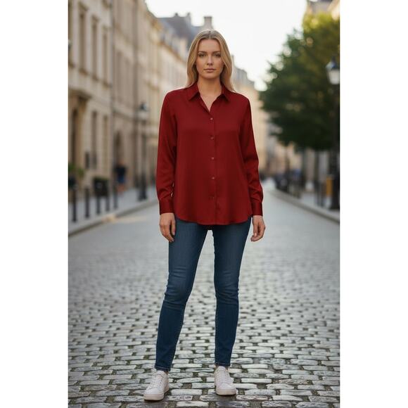 RAMY BROOK Top NEW Size L Victoria Silk $385 Red Button Down Blouse Long Sleeve - Picture 1 of 4